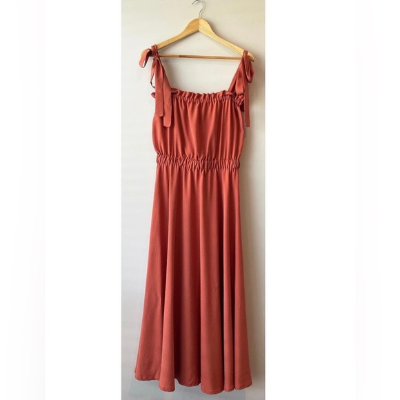 Handmade Custom Rust Clay Olive Green and Red Midi Tie Strap Rayon Ruffle Dress - Picture 4 of 16